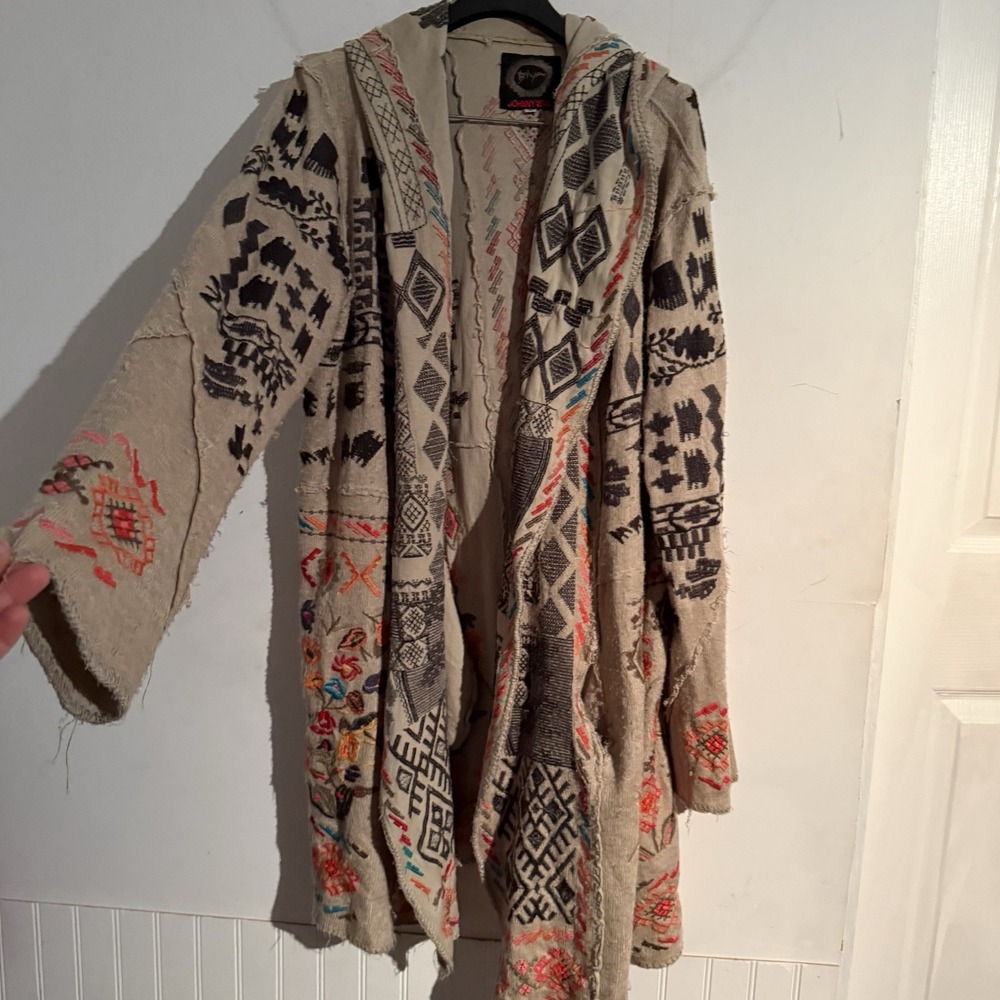 Johnny Was Biya Large Embroidered Hooded Cardigan Duster Cotton Floral Boho